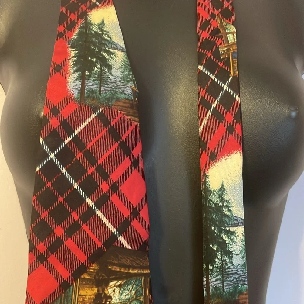 Structure Silk Italian Fabric Vintage Red Plaid Cabin in Woods Necktie Tie